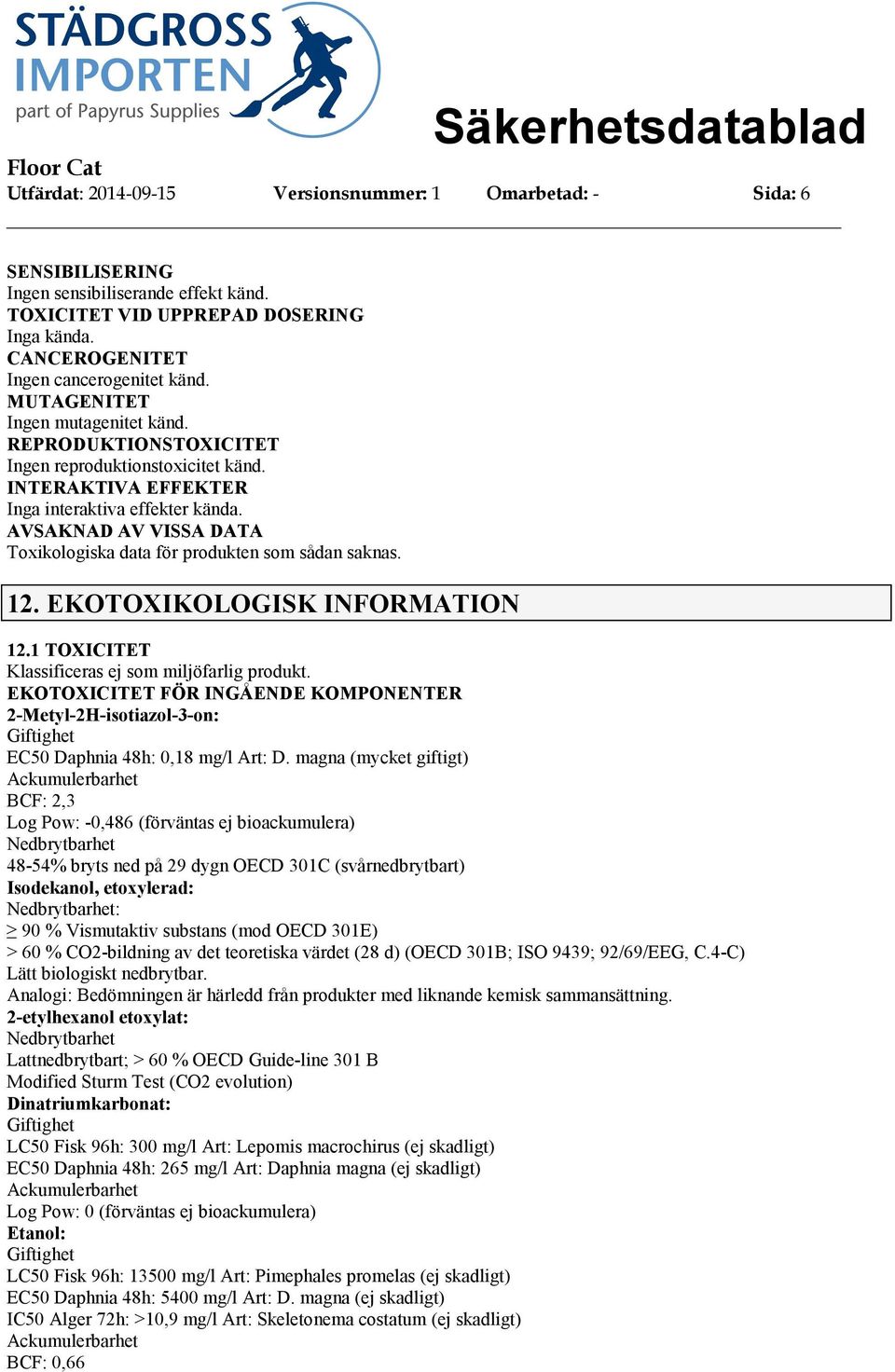 AVSAKNAD AV VISSA DATA Toxikologiska data för produkten som sådan saknas. 12. EKOTOXIKOLOGISK INFORMATION 12.1 TOXICITET Klassificeras ej som miljöfarlig produkt.