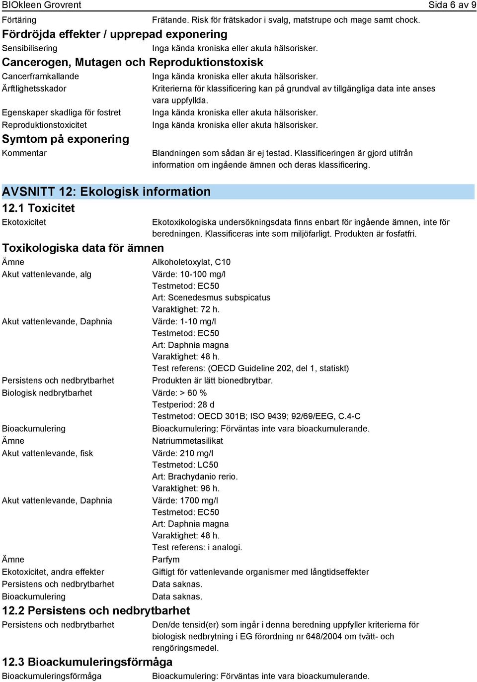 Cancerogen, Mutagen och Reproduktionstoxisk Cancerframkallande Inga kända kroniska eller akuta hälsorisker.