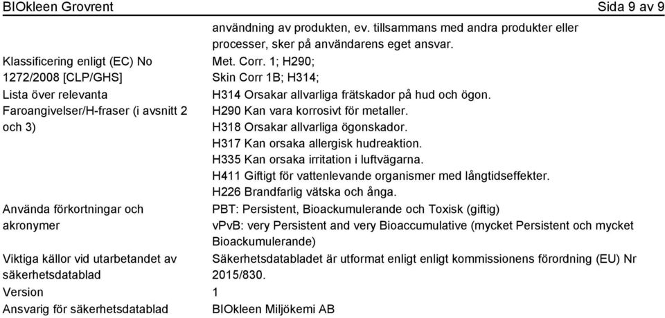 tillsammans med andra produkter eller processer, sker på användarens eget ansvar. Met. Corr. 1; H290; Skin Corr 1B; H314; H314 Orsakar allvarliga frätskador på hud och ögon.