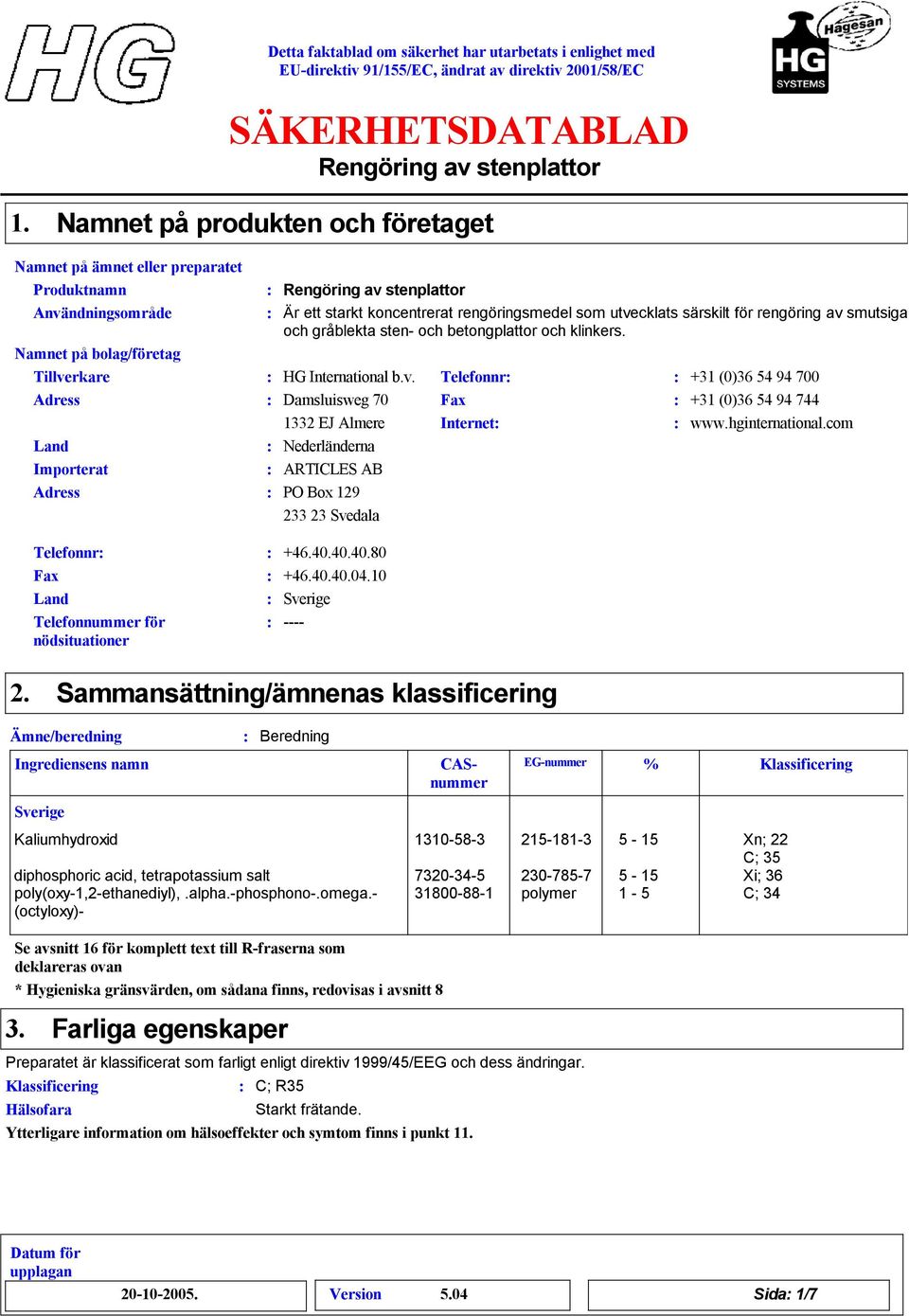 hginternational.com Land Nederländerna Importerat ARTICLES AB Adress PO Box 129 233 23 Svedala Telefonnr Fax Land Telefonnummer för nödsituationer +46.40.40.40.0 +46.40.40.04.10 Sverige ---- 2.