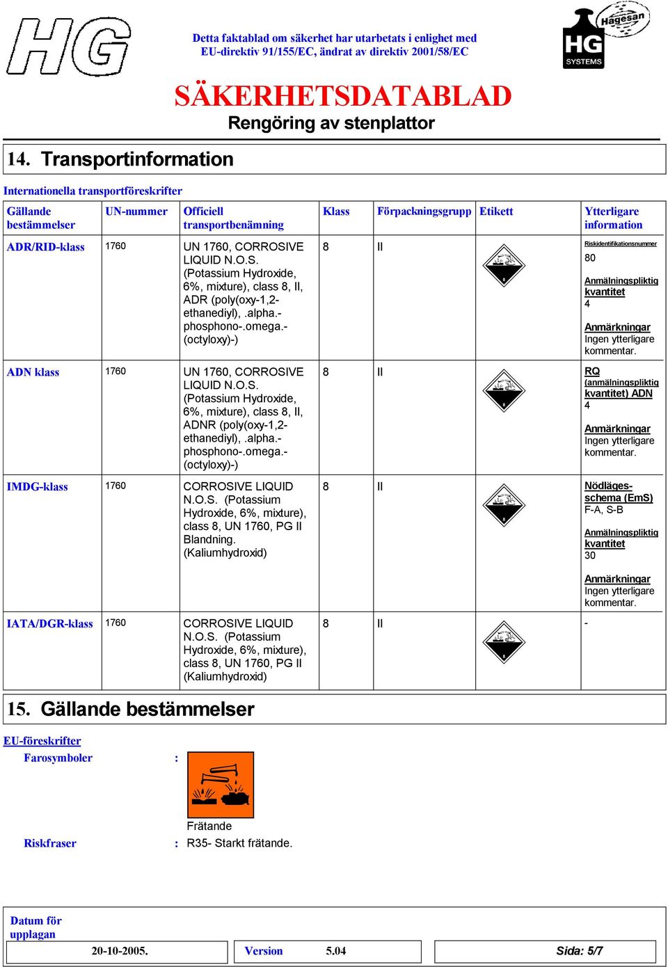 alpha.- phosphono-.omega.- (octyloxy)-) CORROSIVE LIQUID N.O.S. (Potassium Hydroxide, 6%, mixture), class, UN, PG II Blandning.