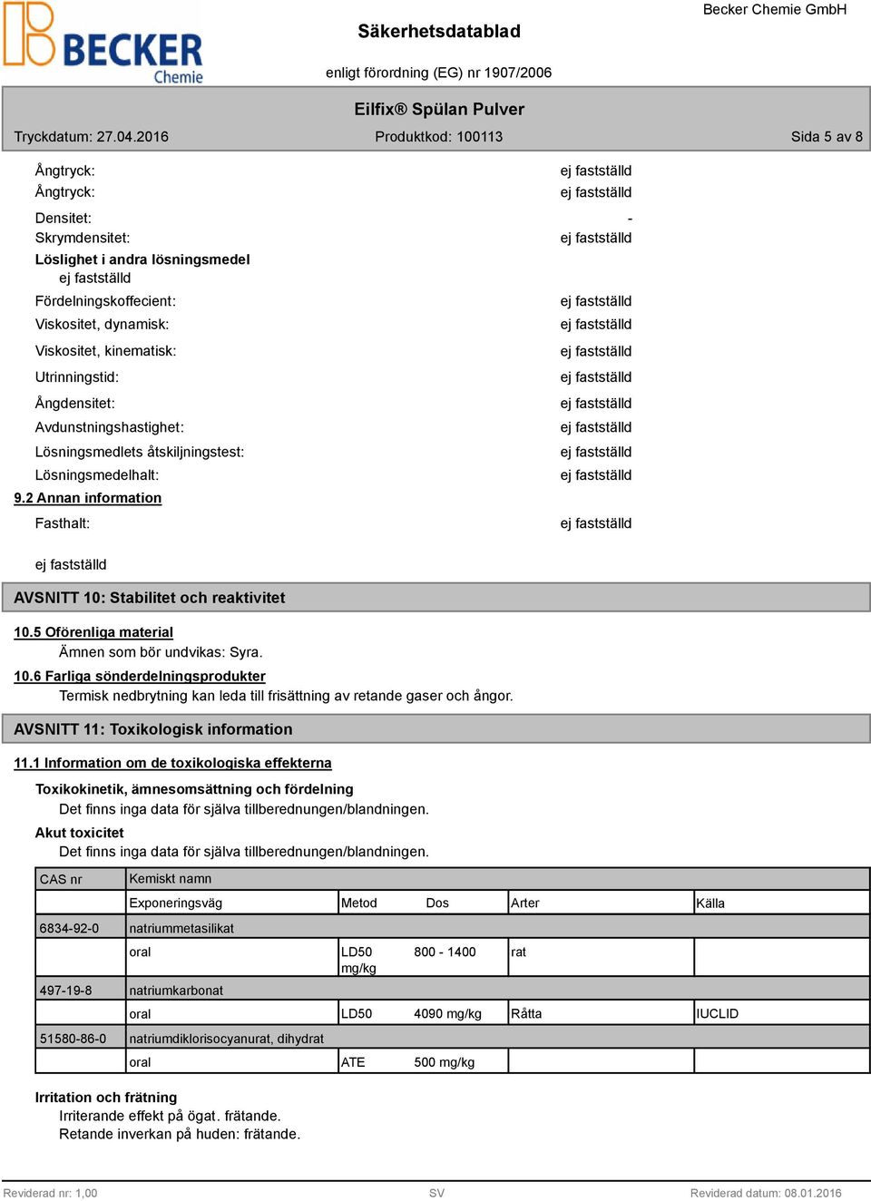 5 Oförenliga material Ämnen som bör undvikas: Syra. 10.6 Farliga sönderdelningsprodukter Termisk nedbrytning kan leda till frisättning av retande gaser och ångor.