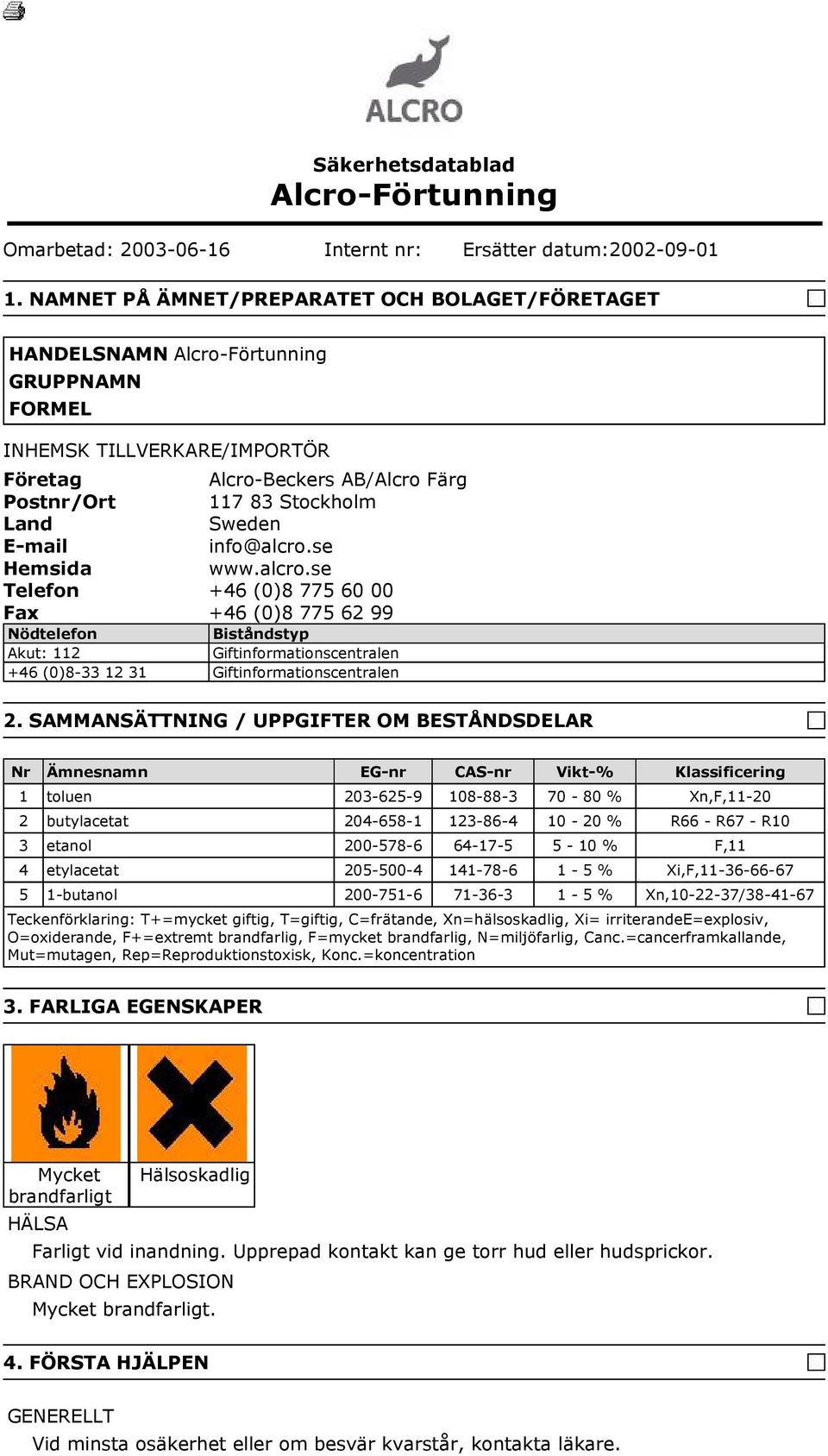 E-mail info@alcro.se Hemsida www.alcro.se Telefon +46 (0)8 775 60 00 Fax +46 (0)8 775 62 99 Nödtelefon Biståndstyp Akut: 112 Giftinformationscentralen +46 (0)8-33 12 31 Giftinformationscentralen 2.