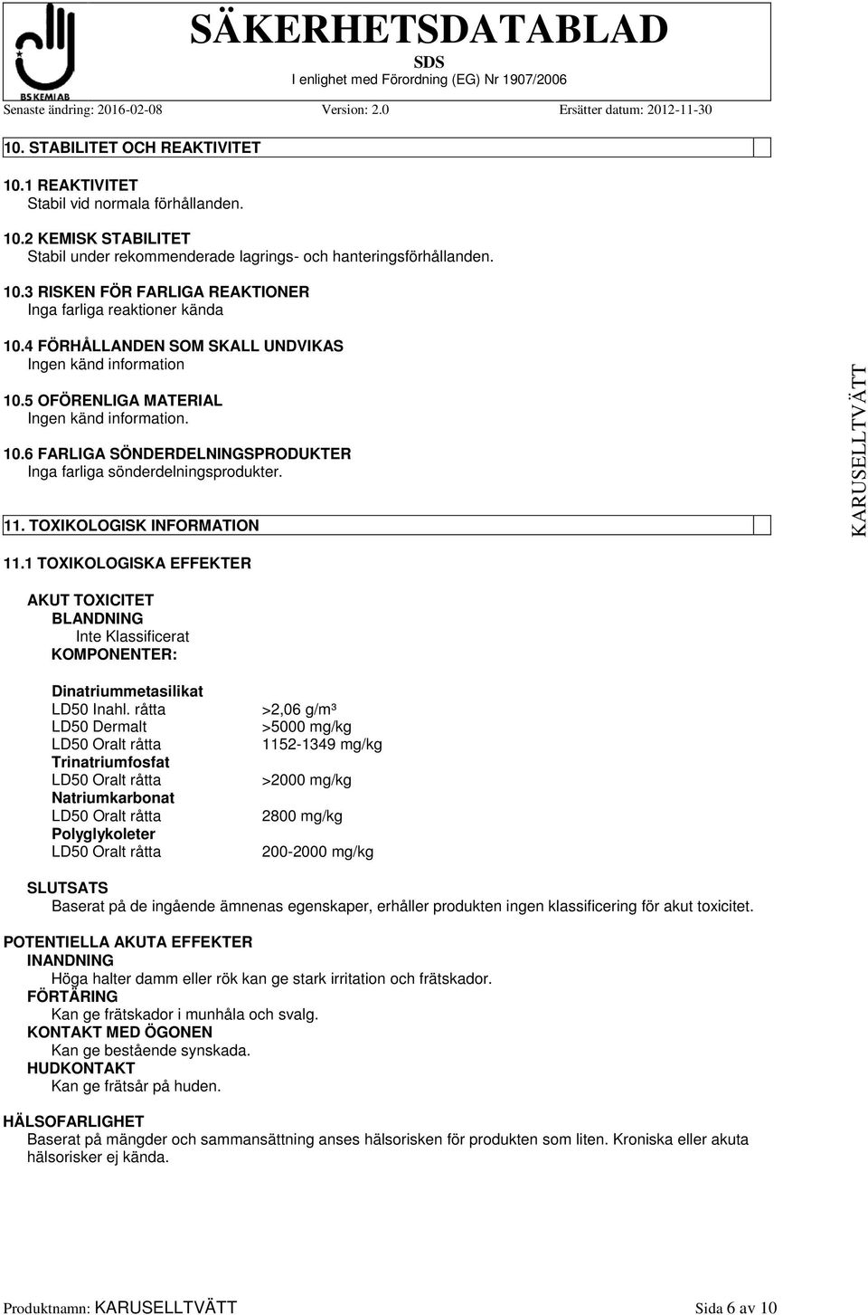 TOXIKOLOGISK INFORMATION 11.1 TOXIKOLOGISKA EFFEKTER AKUT TOXICITET BLANDNING Inte Klassificerat KOMPONENTER: Dinatriummetasilikat LD50 Inahl.