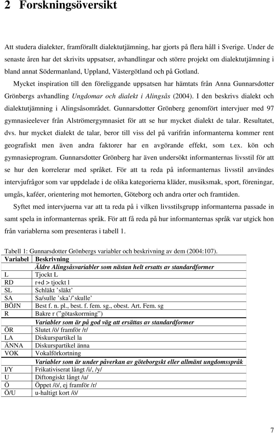 Mycket inspiration till den föreliggande uppsatsen har hämtats från Anna Gunnarsdotter Grönbergs avhandling Ungdomar och dialekt i Alingsås (2004).