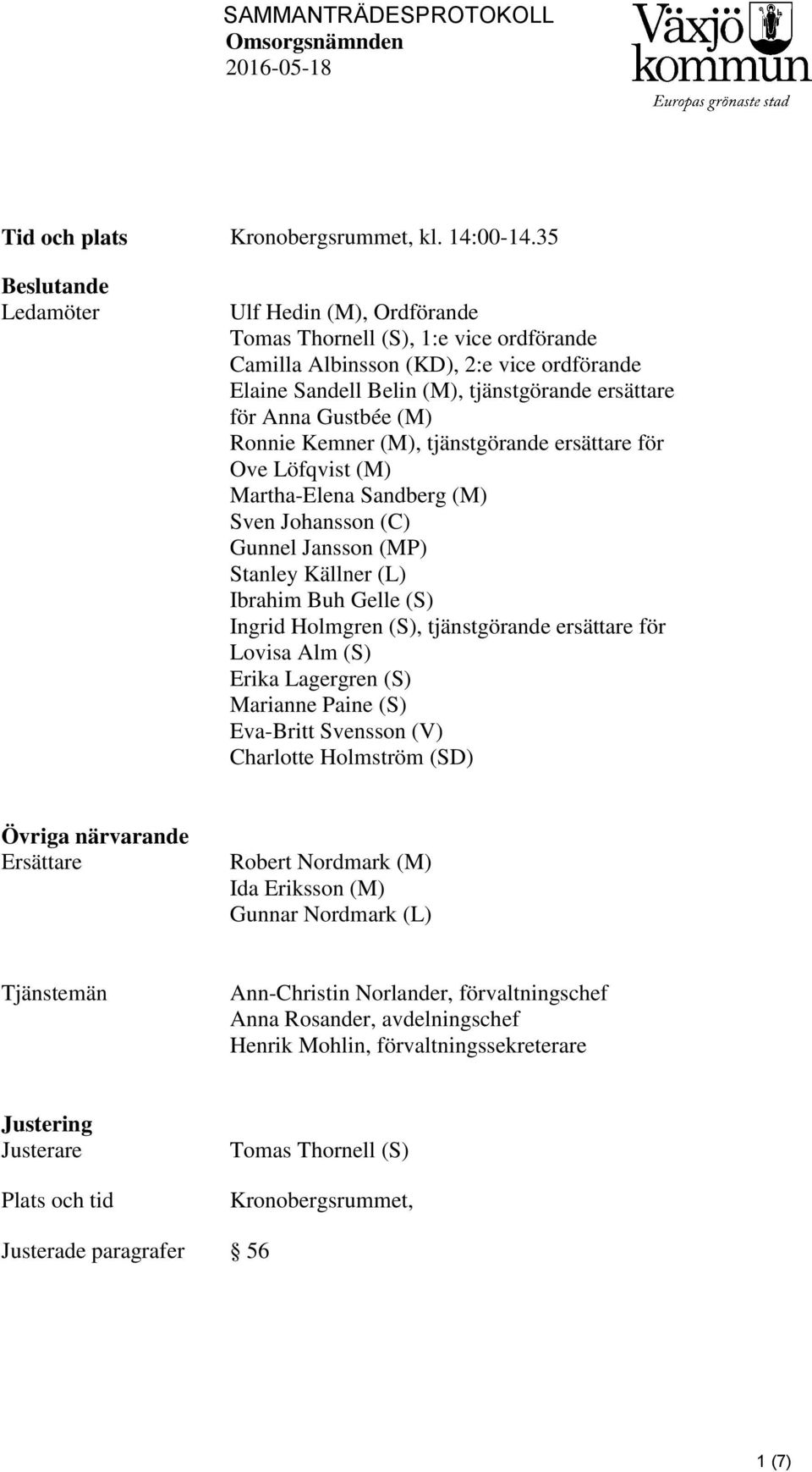 Gustbée (M) Ronnie Kemner (M), tjänstgörande ersättare för Ove Löfqvist (M) Martha-Elena Sandberg (M) Sven Johansson (C) Gunnel Jansson (MP) Stanley Källner (L) Ibrahim Buh Gelle (S) Ingrid Holmgren