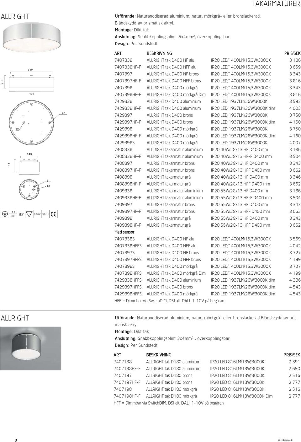 7407338 ALLRIGHT tak D400 HF alu LED/1400LM/15,3W/3000K 3 186 7407338HF-F ALLRIGHT tak D400 HFF alu LED/1400LM/15,3W/3000K 3 659 7407397 ALLRIGHT tak D400 HF brons LED/1400LM/15,3W/3000K 3 343