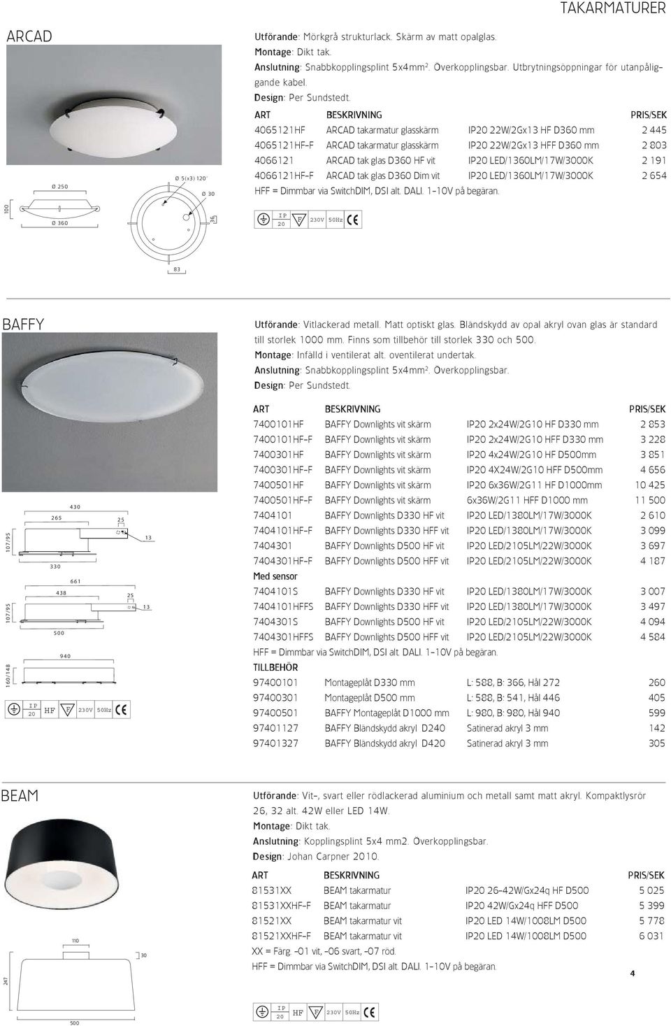 4065121HF ARCAD takarmatur glasskärm 22W/2Gx13 HF D360 mm 2 445 4065121HF-F ARCAD takarmatur glasskärm 22W/2Gx13 HFF D360 mm 2 803 4066121 ARCAD tak glas D360 HF vit LED/1360LM/17W/3000K 2 191