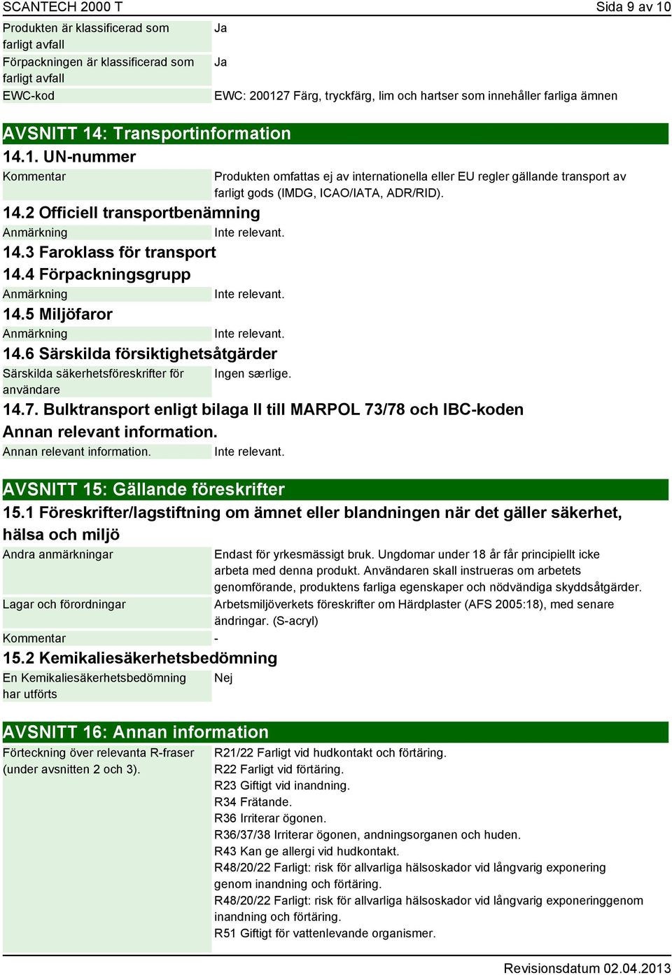 3 Faroklass för transport 14.