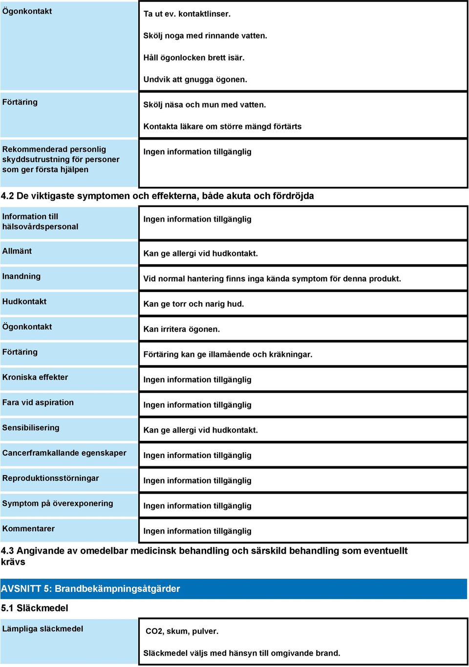 2 De viktigaste symptomen och effekterna, både akuta och fördröjda Information till hälsovårdspersonal Allmänt Inandning Hudkontakt Ögonkontakt Förtäring Kroniska effekter Fara vid aspiration