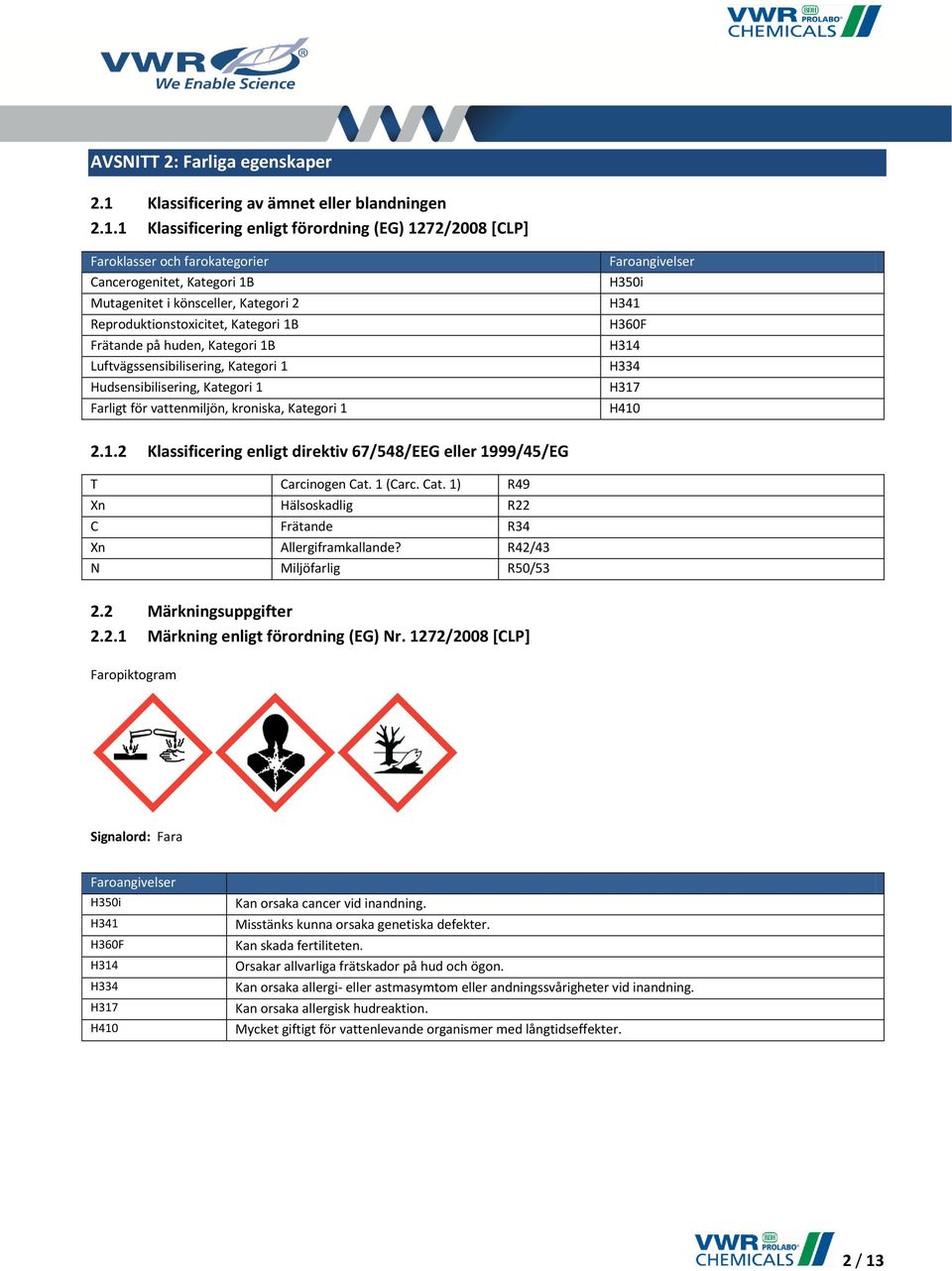 1 Klassificering enligt förordning (EG) 1272/2008 [CLP] Faroklasser och farokategorier Cancerogenitet, Kategori 1B Mutagenitet i könsceller, Kategori 2 Reproduktionstoxicitet, Kategori 1B Frätande på