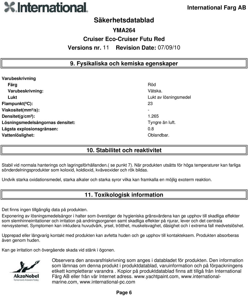 ( se punkt 7). När produkten utsätts för höga temperaturer kan farliga sönderdelningsprodukter som koloxid, koldioxid, kväveoxider och rök bildas.