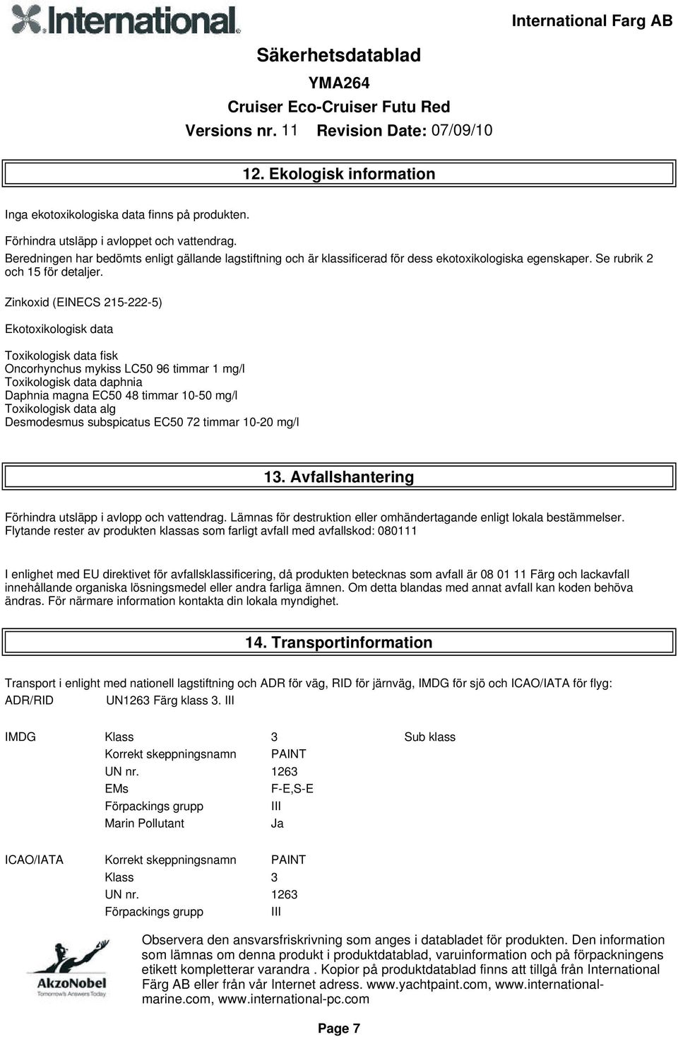 Zinkoxid (EINECS 215-222-5) Ekotoxikologisk data Toxikologisk data fisk Oncorhynchus mykiss LC50 96 timmar 1 mg/l Toxikologisk data daphnia Daphnia magna EC50 48 timmar 10-50 mg/l Toxikologisk data