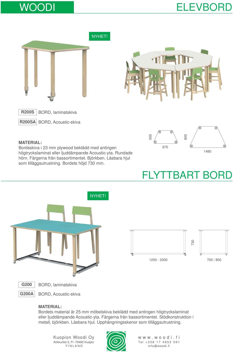 500 800 970 1480 FLYTTBART BORD 730 1200-2000 700 / 800 G200 G200A BORD, laminatskiva BORD, Acoustic-skiva Bordets material är 25 mm möbelskiva beklädd