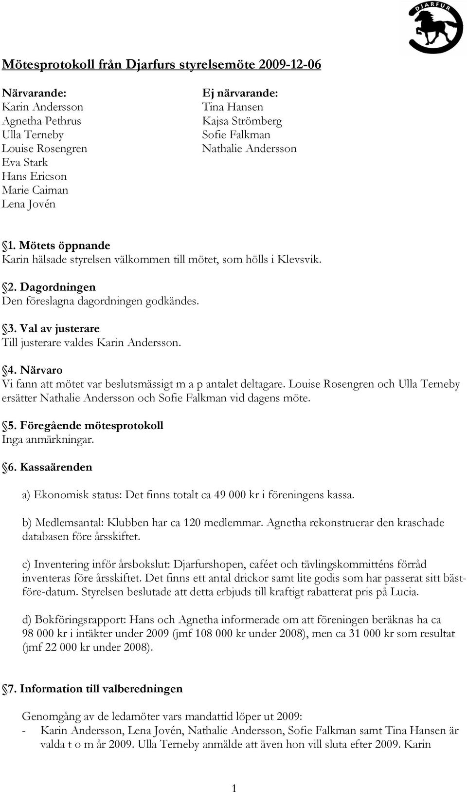 Val av justerare Till justerare valdes Karin Andersson. 4. Närvaro Vi fann att mötet var beslutsmässigt m a p antalet deltagare.