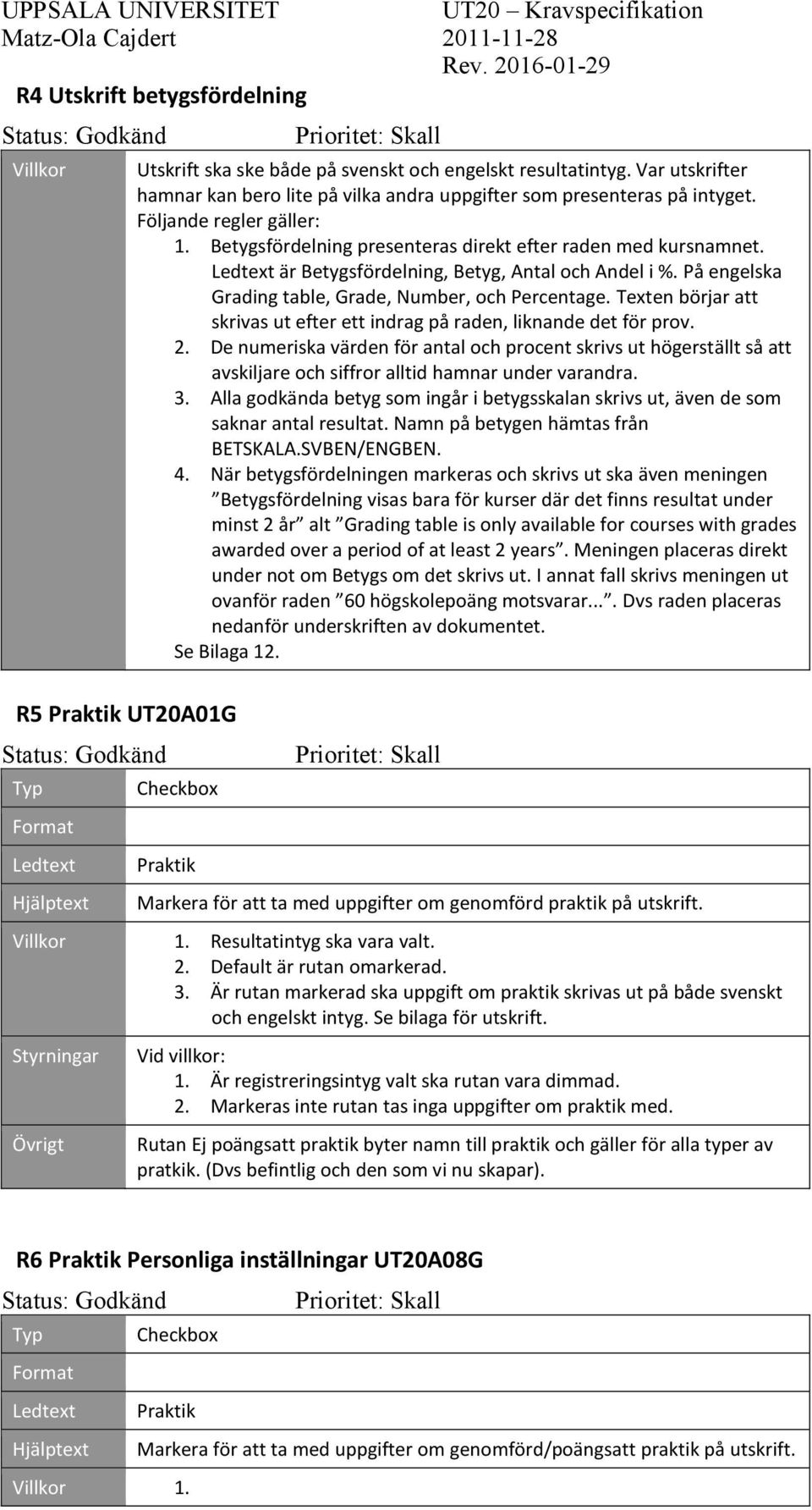 Betygsfördelning presenteras direkt efter raden med kursnamnet. Ledtext är Betygsfördelning, Betyg, Antal och Andel i %. På engelska Grading table, Grade, Number, och Percentage.