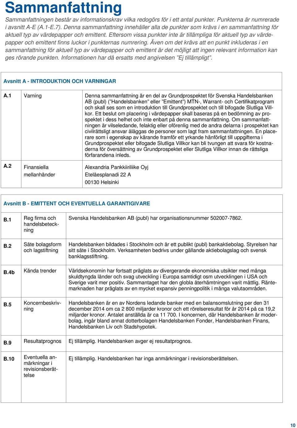 Eftersom vissa punkter inte är tillämpliga för aktuell typ av värdepapper och emittent finns luckor i punkternas numrering.