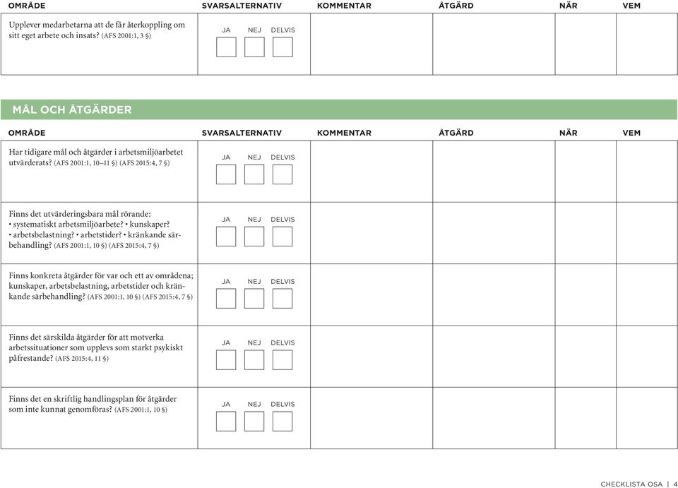 (AFS 2001:1, 10 ) (AFS 2015:4, 7 ) Finns konkreta åtgärder för var och ett av områdena; kunskaper, arbetsbelastning, arbetstider och kränkande särbehandling?