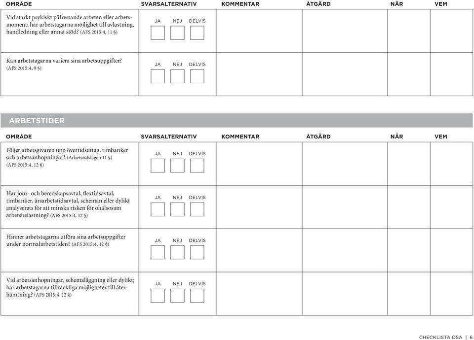 (Arbetstidslagen 11 ) (AFS 2015:4, 12 ) Har jour- och beredskapsavtal, flextidsavtal, timbanker, årsarbetstidsavtal, scheman eller dylikt analyserats för att minska risken för ohälsosam