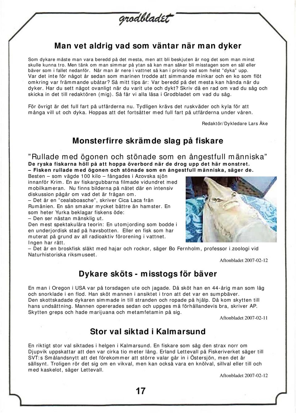 Var det inte för något år sedan som marinen trodde att simmande minkar och en ko som flöt omkring var främmande ubåtar? Så mitt tips är: Var beredd på det mesta kan hända när du dyker.