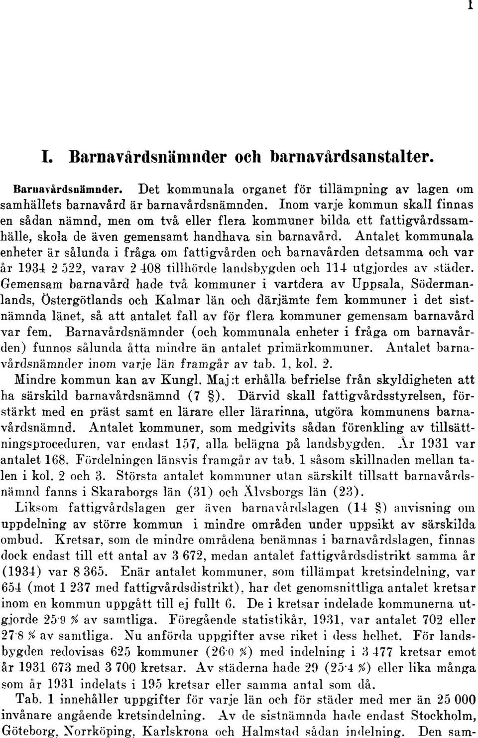 Antalet kommunala enheter är sålunda i fråga om fattigvården och barnavården detsamma och var år 1934 2 522, varav 2 408 tillhörde landsbygden och 114 utgjordes av städer.