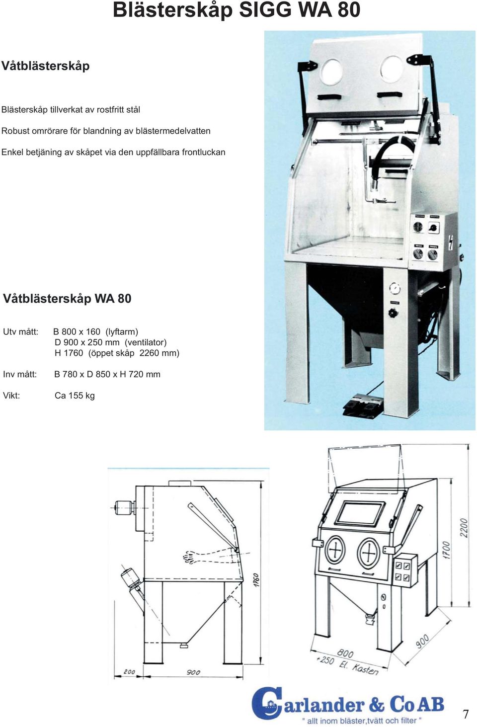 uppfällbara frontluckan Våtblästerskåp WA 80 Utv mått: Inv mått: Vikt: B 800 x 160