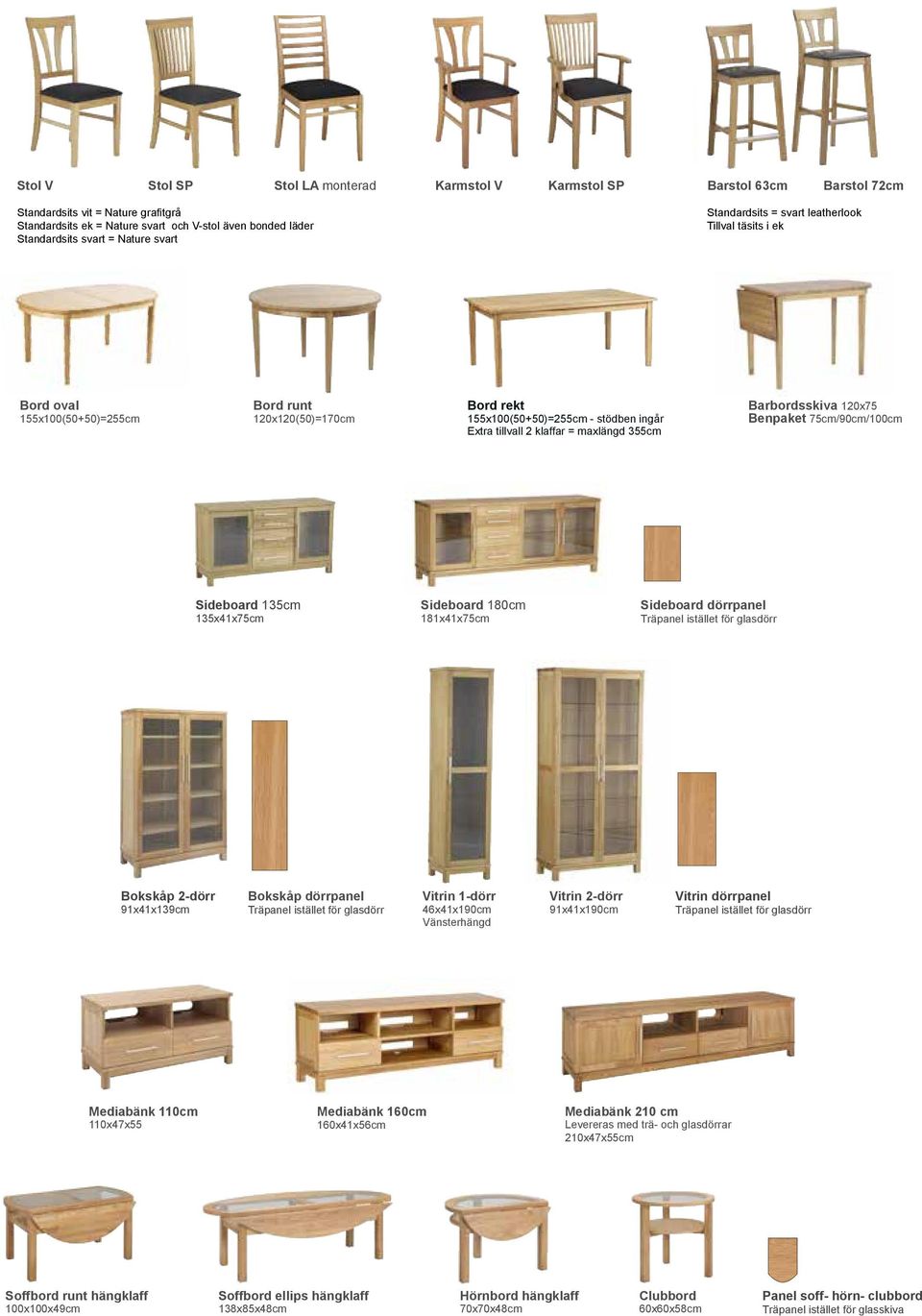 maxlängd 355cm Barbordsskiva 120x75 Benpaket 75cm/90cm/100cm Sideboard 135cm 135x41x75cm Sideboard 180cm 181x41x75cm Sideboard dörrpanel Träpanel istället för glasdörr Bokskåp 2-dörr 91x41x139cm