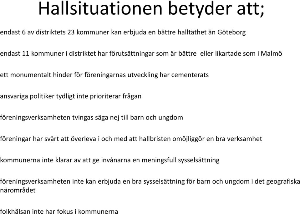 föreningsverksamheten tvingas säga nej till barn och ungdom föreningar har svårt att överleva i och med att hallbristen omöjliggör en bra verksamhet kommunerna inte klarar