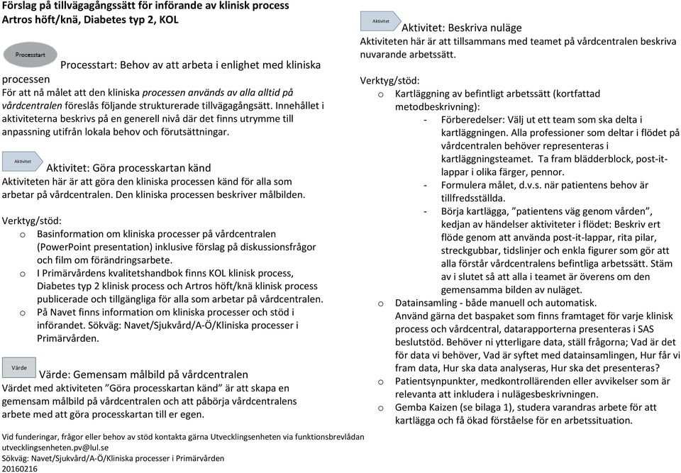 Innehållet i aktiviteterna beskrivs på en generell nivå där det finns utrymme till anpassning utifrån lokala behov och förutsättningar.