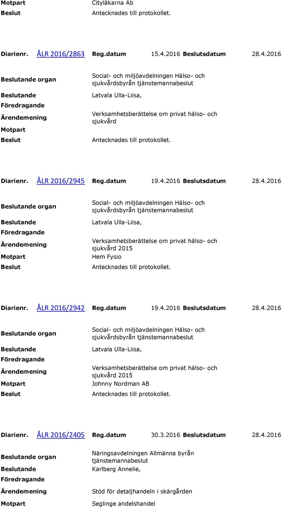 ÅLR 2016/2942 Reg.datum 19.4.2016 sdatum 28.4.2016 2015 Johnny Nordman AB Diarienr.