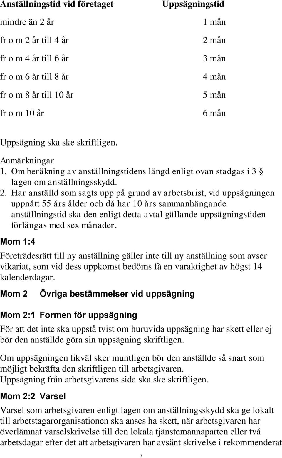 Har anställd som sagts upp på grund av arbetsbrist, vid uppsägningen uppnått 55 års ålder och då har 10 års sammanhängande anställningstid ska den enligt detta avtal gällande uppsägningstiden