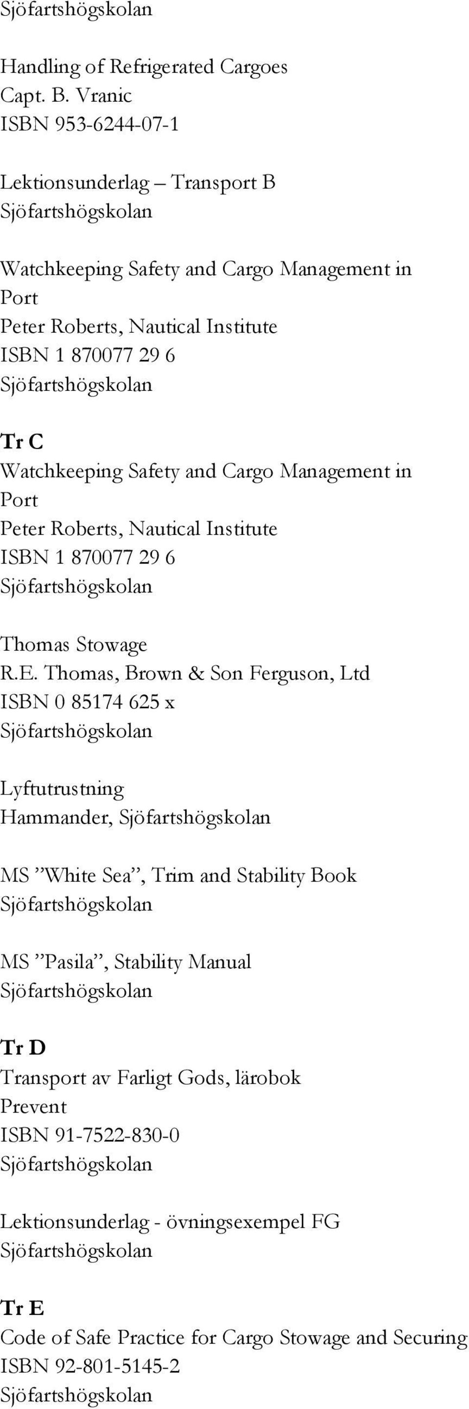 Thomas, Brown & Son Ferguson, Ltd ISBN 0 85174 625 x Lyftutrustning Hammander, MS White Sea, Trim and Stability