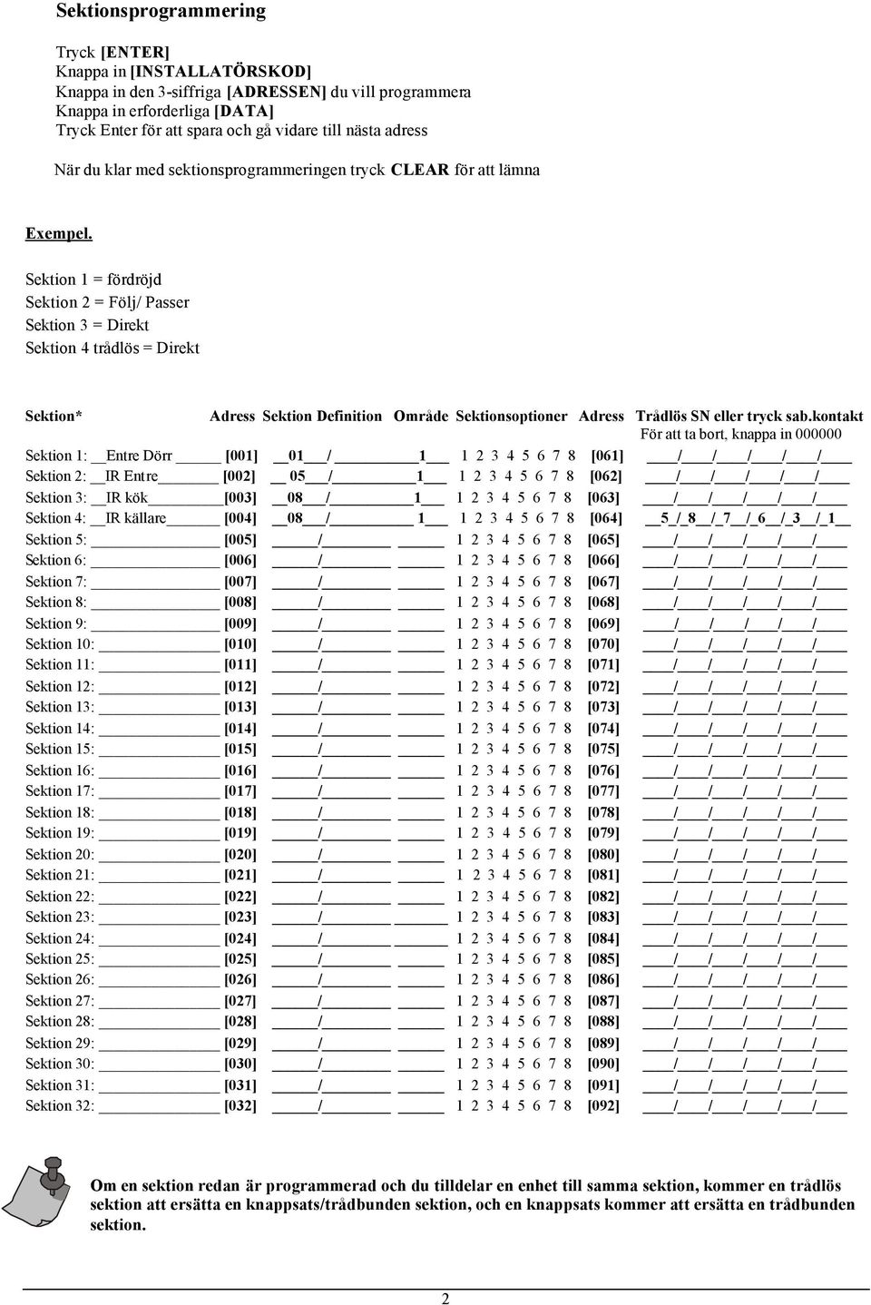 Sektion 1 = fördröjd Sektion 2 = Följ/ Passer Sektion 3 = Direkt Sektion 4 trådlös = Direkt Sektion* Adress Sektion Definition Område Sektionsoptioner Adress Trådlös SN eller tryck sab.