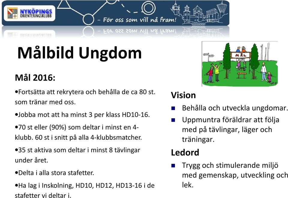 35 st aktiva som deltar i minst 8 tävlingar under året. Delta i alla stora stafetter.