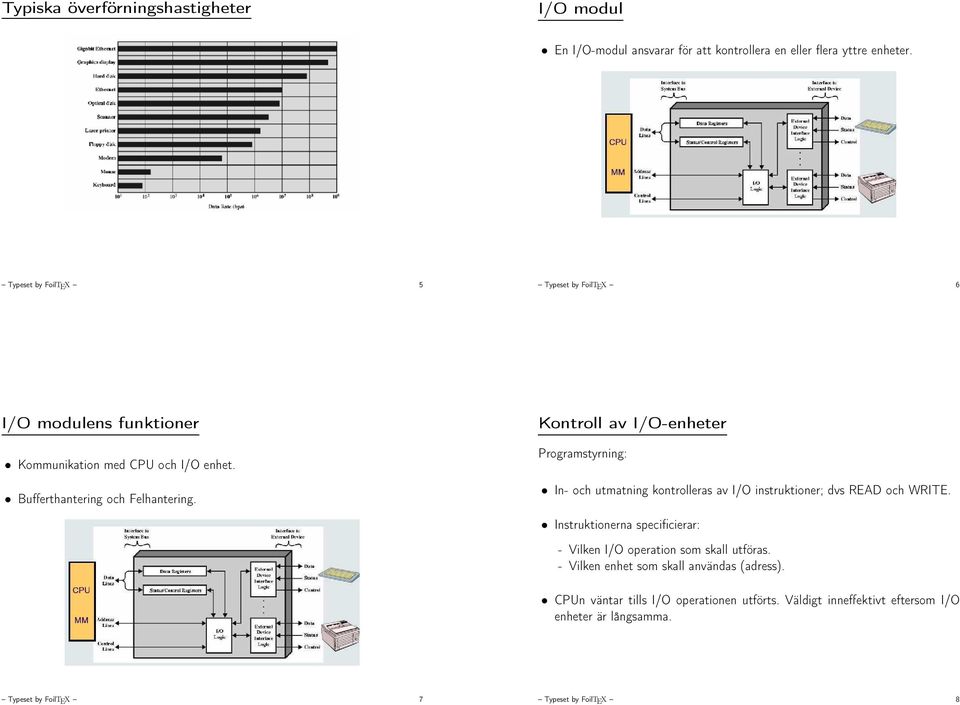 Kontroll av I/O-enheter Programstyrning: In- och utmatning kontrolleras av I/O instruktioner; dvs READ och WRITE.