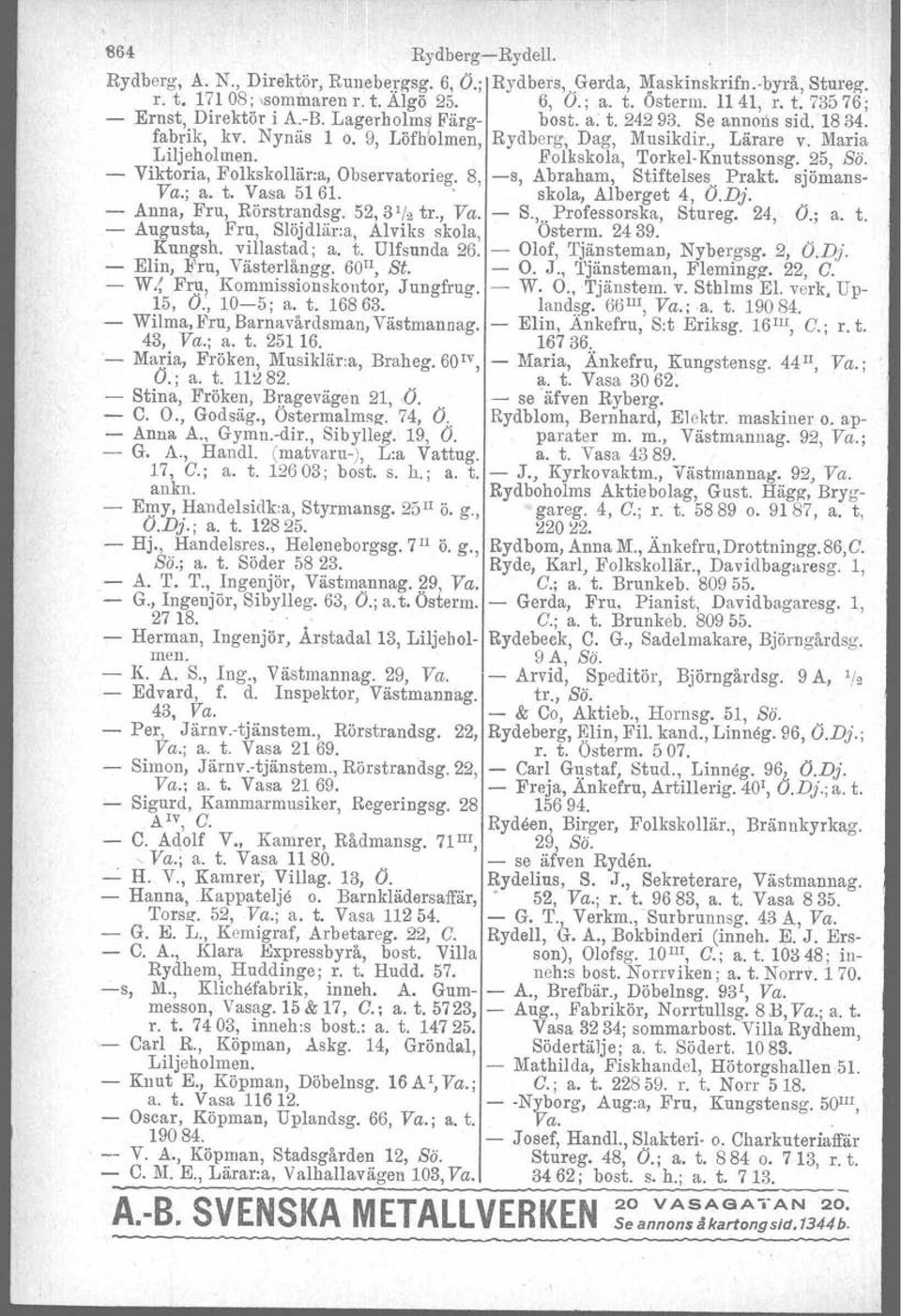 Viktoria, Folkskollär:a, Observatorieg. 8, s, Abraham, Stiftelses Prakt. sjömans Va.; a. t. Vasa 5161.. skola, Alberget 4, O.D}.. Anna, Fru, Rörstrandsg. 52,3 ' /2 tr., Va. S.,..Professorska, Stureg.