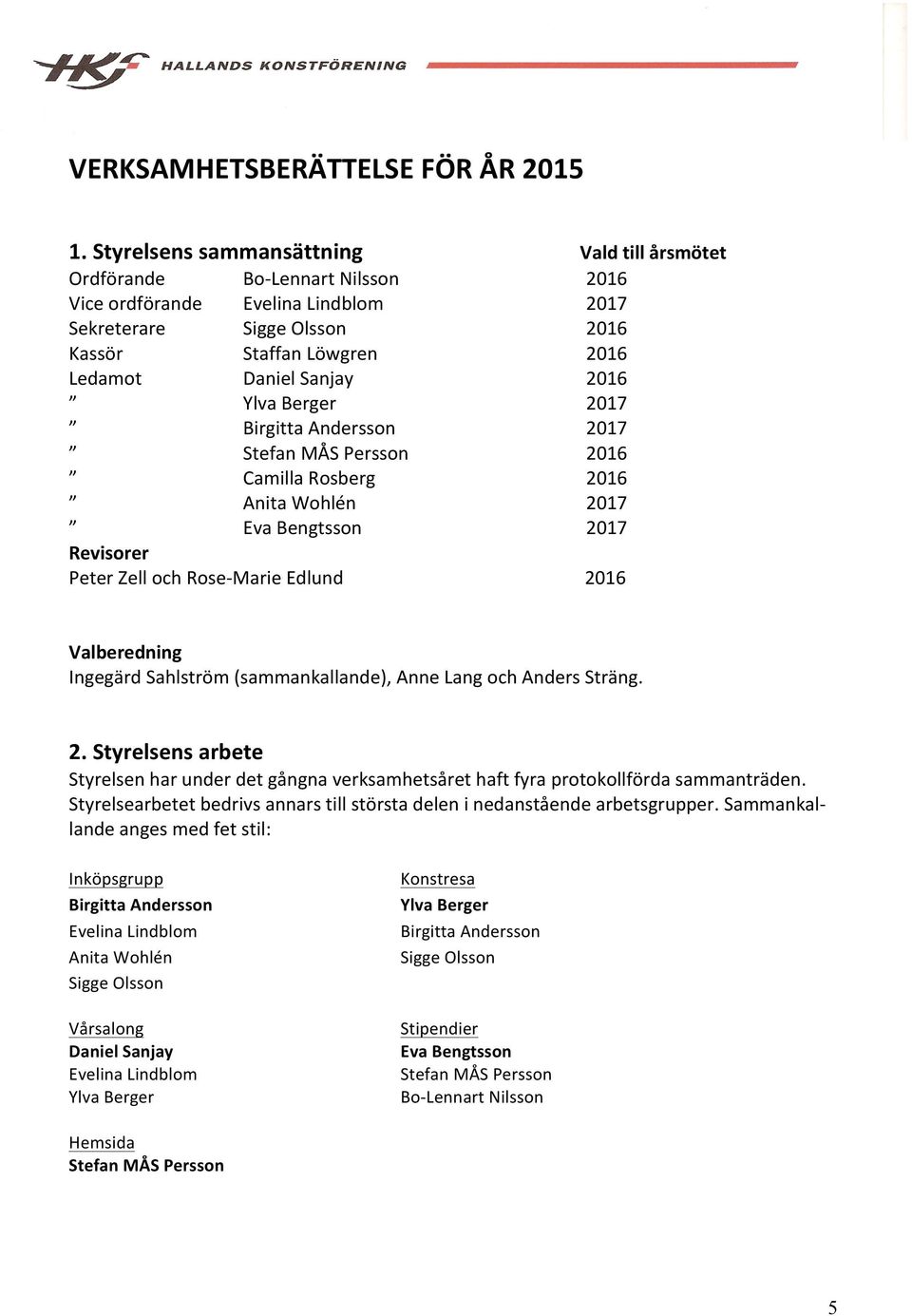 2016 Ylva Berger 2017 Birgitta Andersson 2017 Stefan MÅS Persson 2016 Camilla Rosberg 2016 Anita Wohlén 2017 Eva Bengtsson 2017 Revisorer Peter Zell och Rose- Marie Edlund 2016 Valberedning Ingegärd