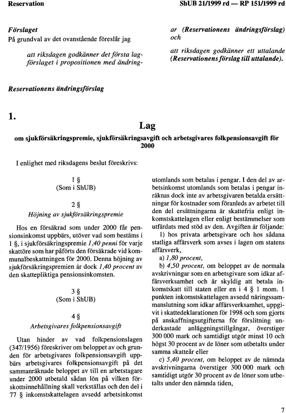 Lag om sjukförsäkringspremie, sjukförsäkringsavgift och arbetsgivares folkpensionsavgift för 2000 I enlighet med riksdagens beslut föreskrivs: l (Som i ShUB) 2 Höjning av sjukförsäkringspremie Hos en