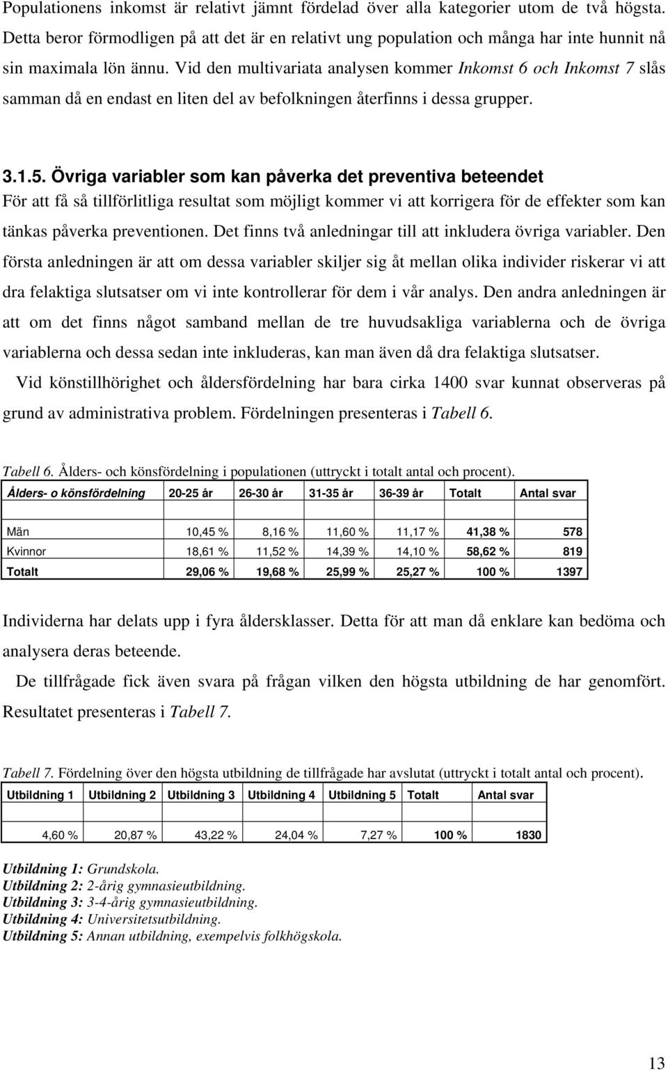Vid den multivariata analysen kommer Inkomst 6 och Inkomst 7 slås samman då en endast en liten del av befolkningen återfinns i dessa grupper. 3.1.5.