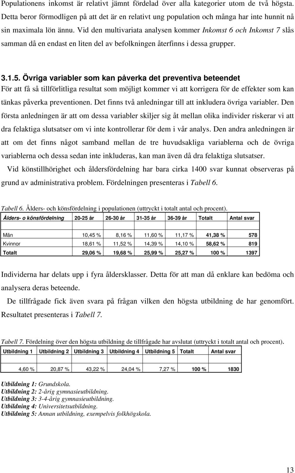 Vid den multivariata analysen kommer Inkomst 6 och Inkomst 7 slås samman då en endast en liten del av befolkningen återfinns i dessa grupper. 3.1.5.