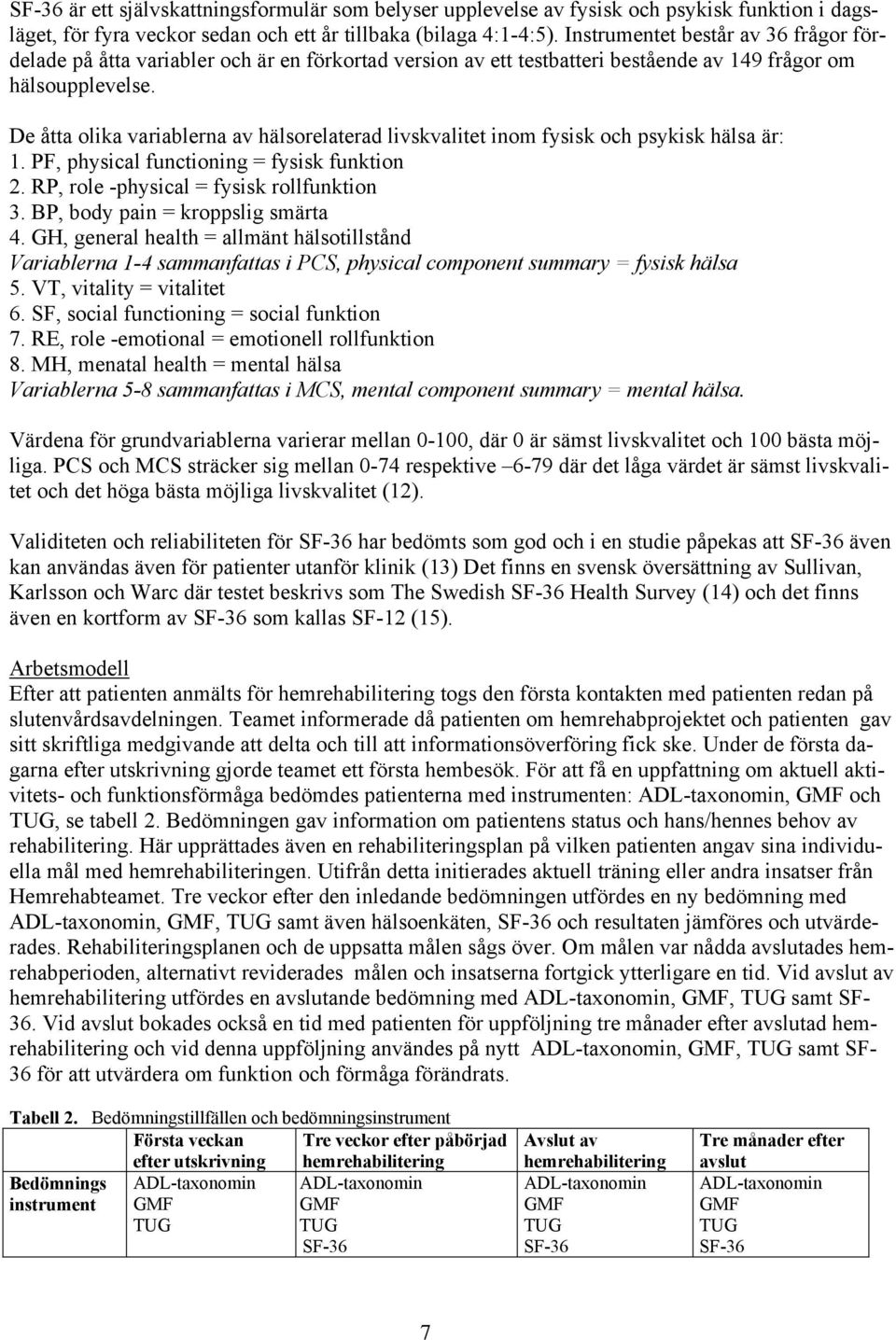 De åtta olika variablerna av hälsorelaterad livskvalitet inom fysisk och psykisk hälsa är: 1. PF, physical functioning = fysisk funktion 2. RP, role -physical = fysisk rollfunktion 3.