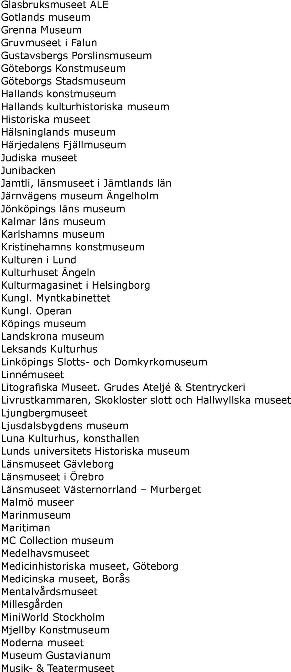 Karlshamns museum Kristinehamns konstmuseum Kulturen i Lund Kulturhuset Ängeln Kulturmagasinet i Helsingborg Kungl. Myntkabinettet Kungl.