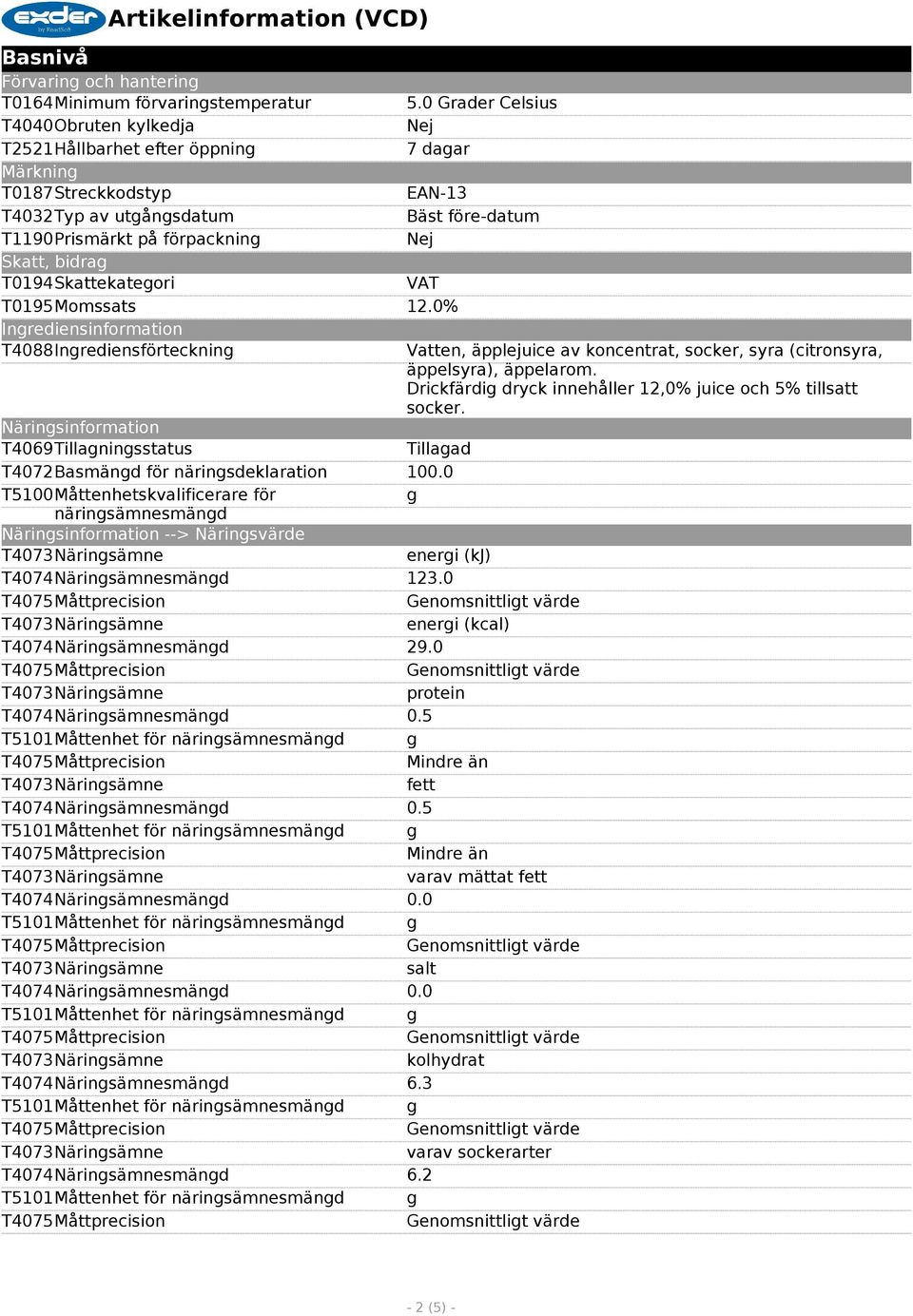 0% Ingrediensinformation T4088Ingrediensförteckning Näringsinformation T4069Tillagningsstatus Tillagad T4072Basmängd för näringsdeklaration 100.