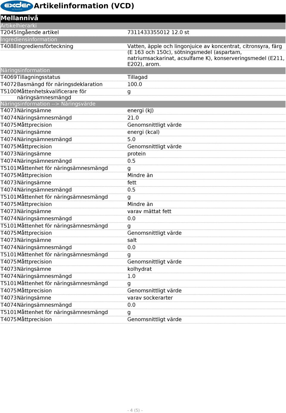 0 T5100enhetskvalificerare för g näringsämnesmängd Näringsinformation --> Näringsvärde energi (kj) T4074Näringsämnesmängd 21.