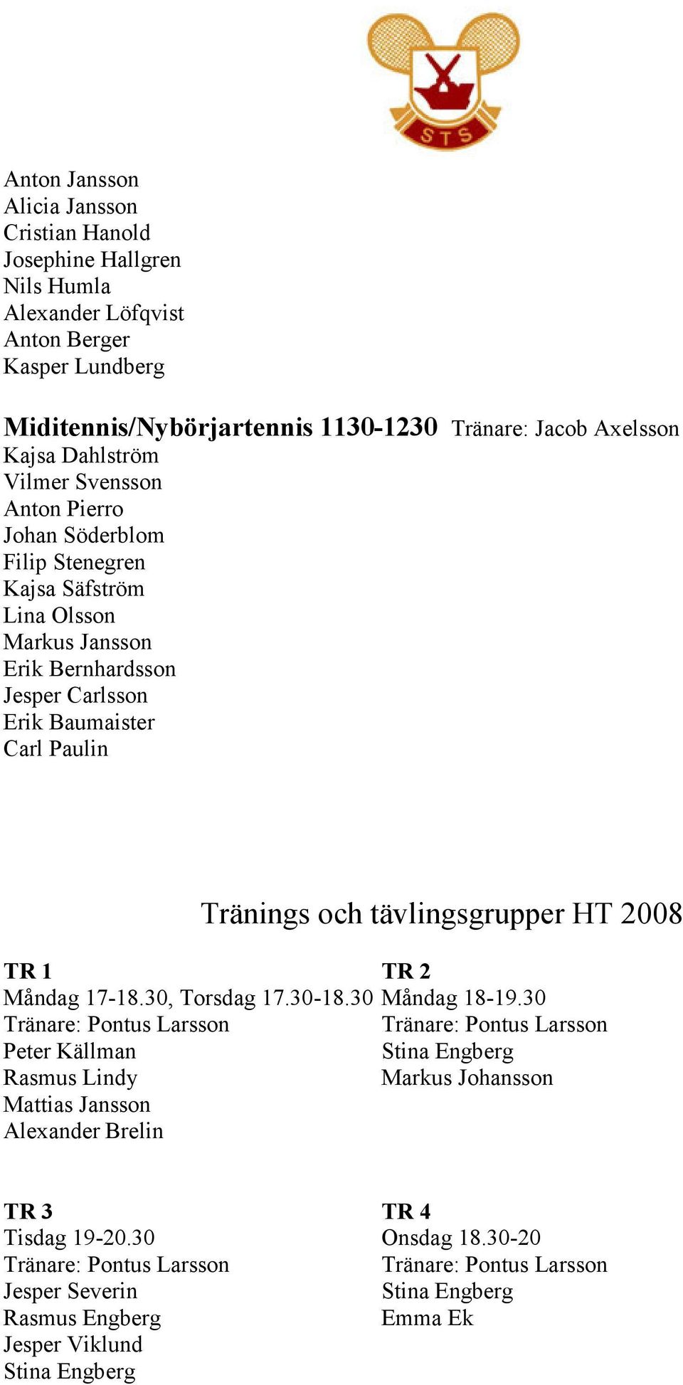 Erik Bernhardsson Jesper Carlsson Erik Baumaister Carl Paulin Tränings och tävlingsgrupper HT 2008 TR 1 TR 2 Måndag 17-18.30, Torsdag 17.30-18.