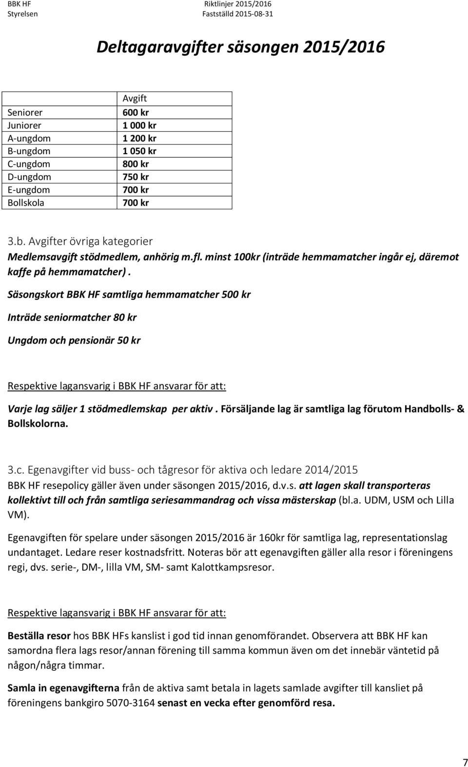 Säsongskort BBK HF samtliga hemmamatcher 500 kr Inträde seniormatcher 80 kr Ungdom och pensionär 50 kr Varje lag säljer 1 stödmedlemskap per aktiv.