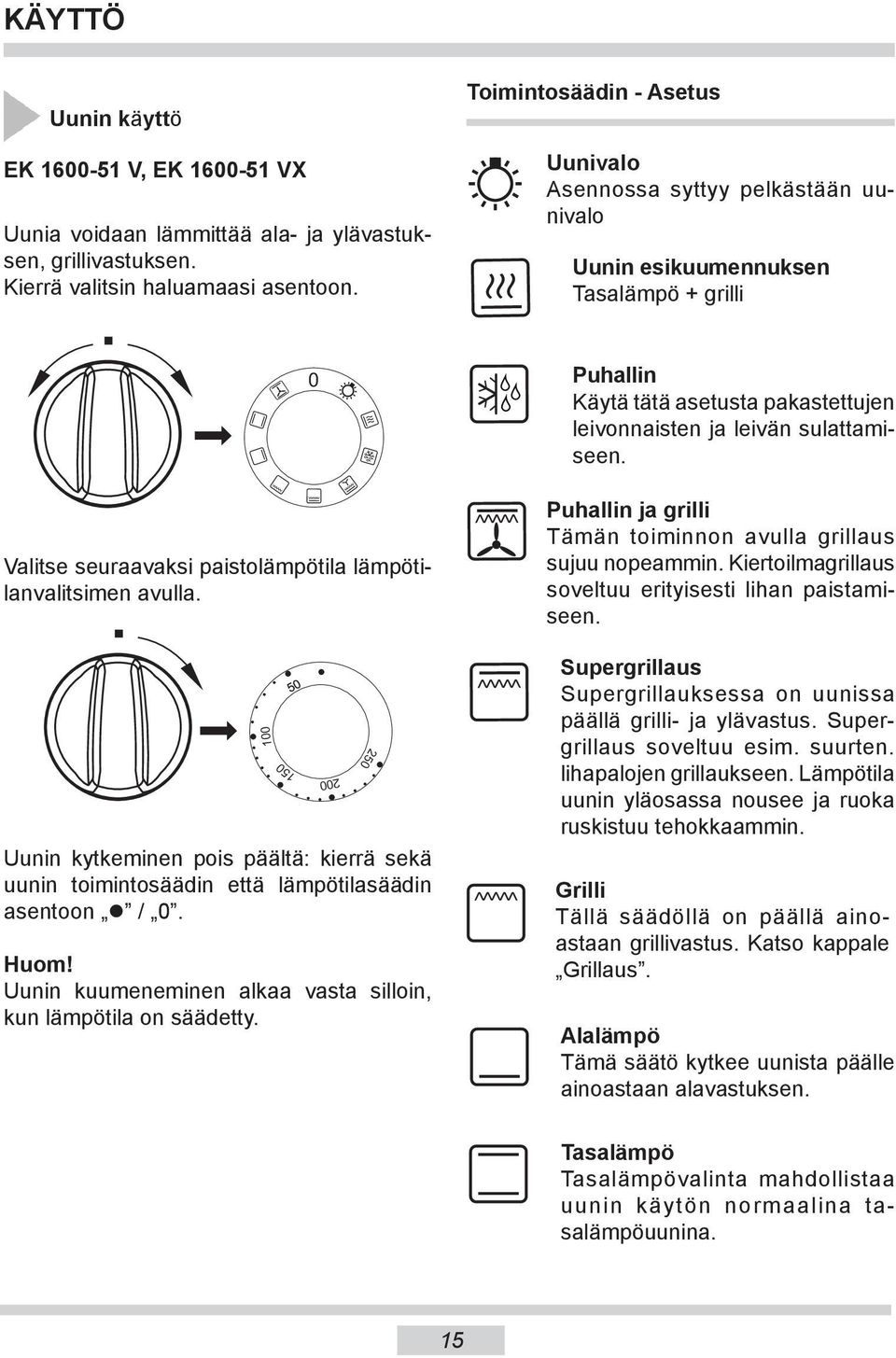 Valitse seuraavaksi paistolämpötila lämpötilanvalitsimen avulla. Uunin kytkeminen pois päältä: kierrä sekä uunin toimintosäädin että lämpötilasäädin asentoon / 0. Huom!