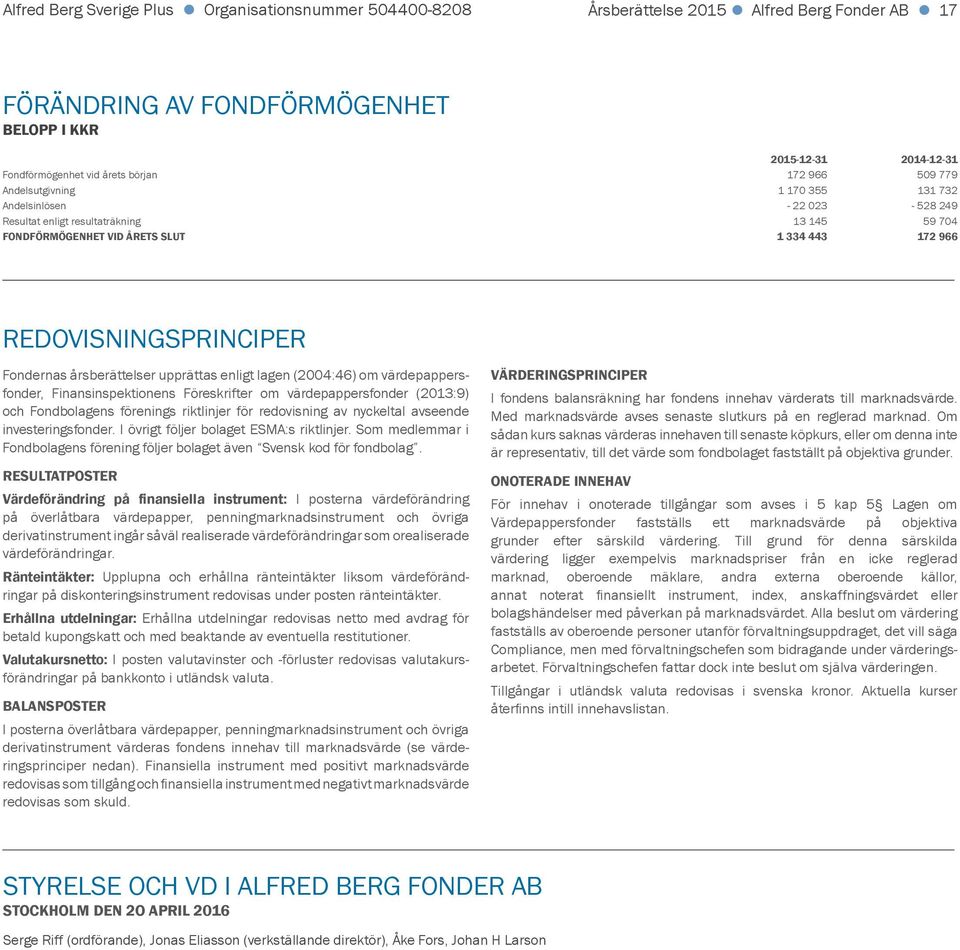 Fondernas årsberättelser upprättas enligt lagen (2004:46) om värdepappersfonder, Finansinspektionens Föreskrifter om värdepappersfonder (2013:9) och Fondbolagens förenings riktlinjer för redovisning