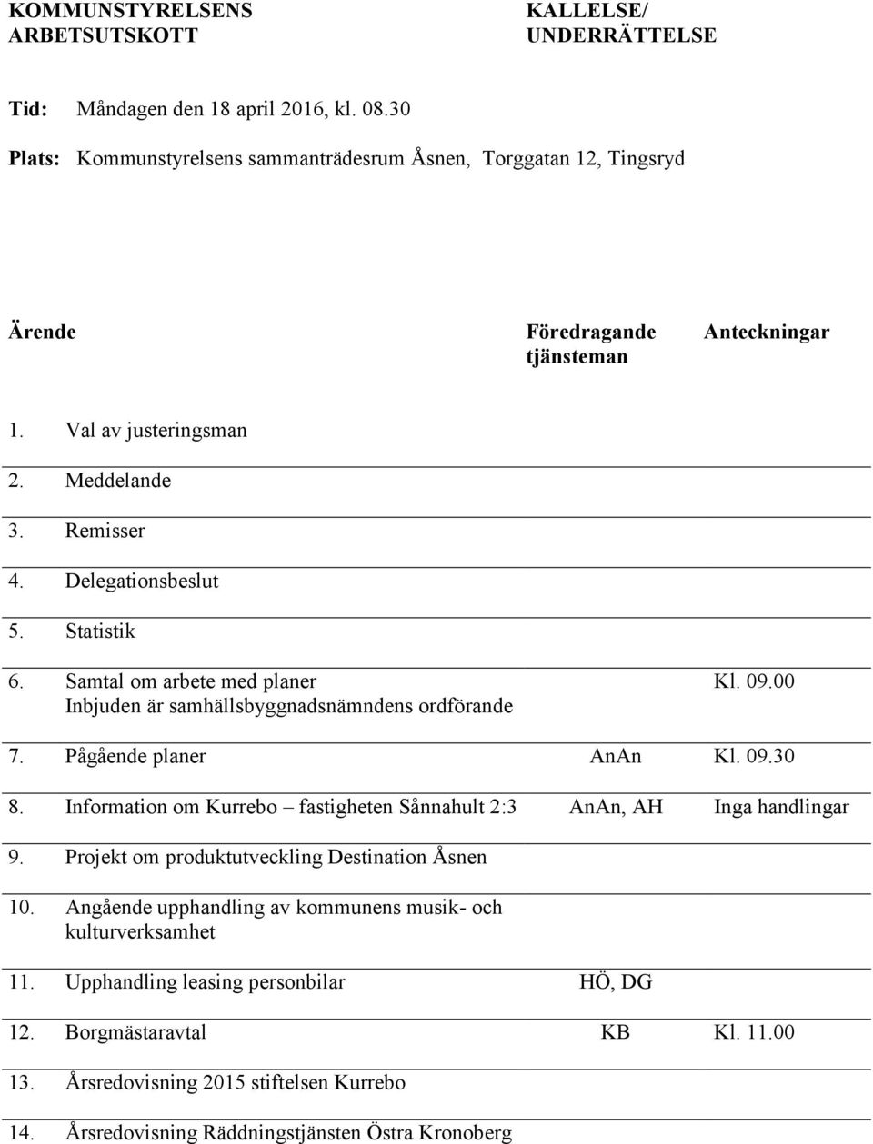 Statistik 6. Samtal om arbete med planer Inbjuden är samhällsbyggnadsnämndens ordförande Kl. 09.00 7. Pågående planer AnAn Kl. 09.30 8.