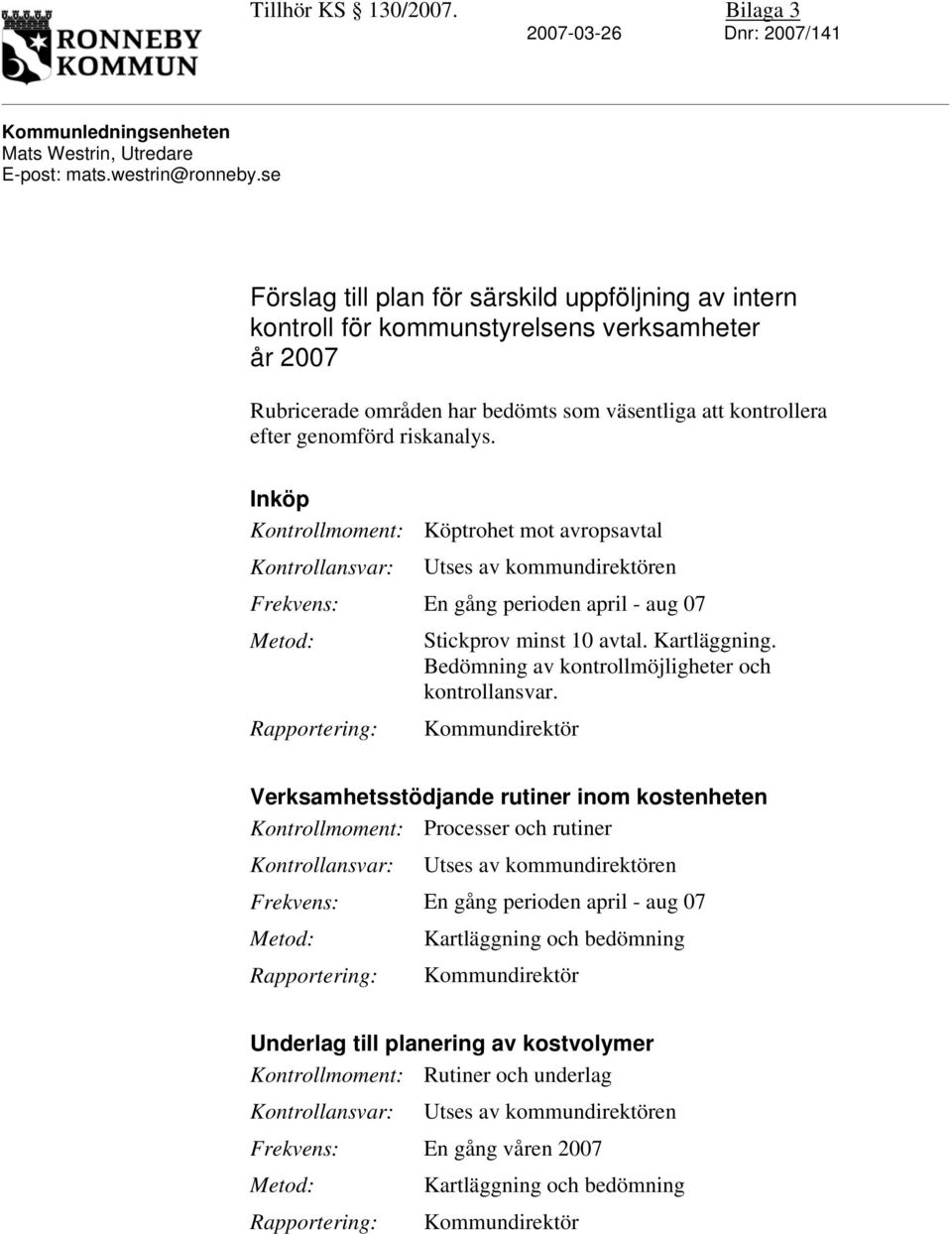 Inköp Kontrollmoment: Kontrollansvar: Köptrohet mot avropsavtal Utses av kommundirektören Frekvens: En gång perioden april - aug 07 Metod: Rapportering: Stickprov minst 10 avtal. Kartläggning.